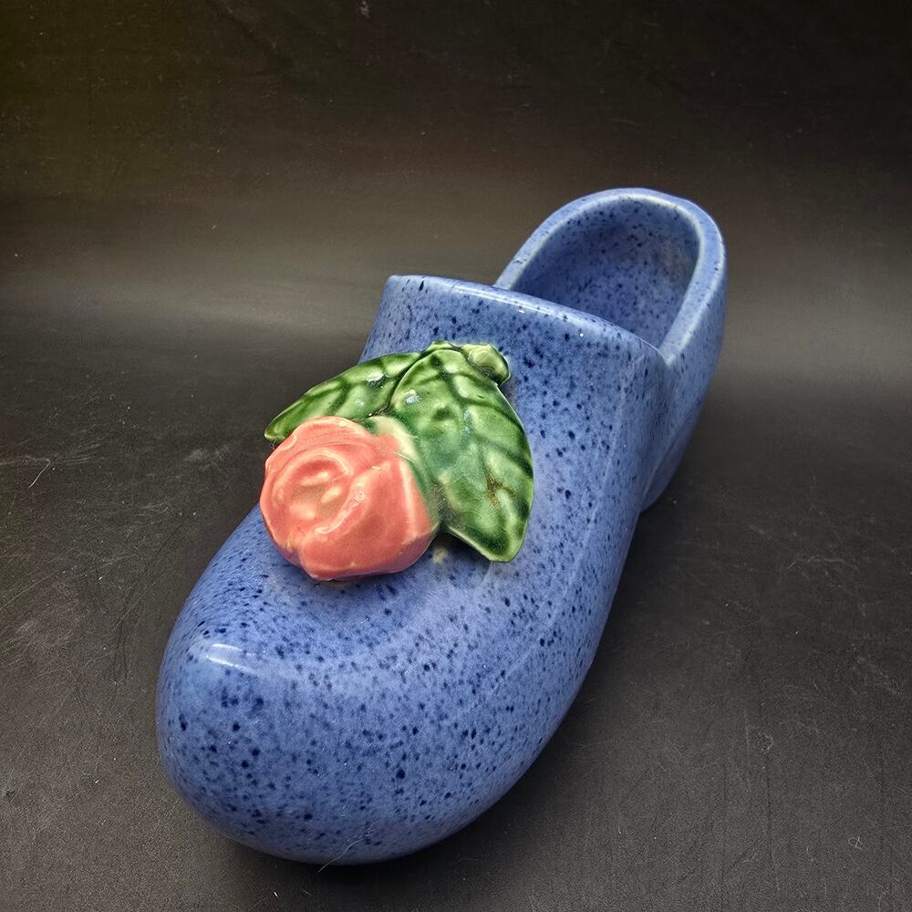 McCoy Dark Blue Pink Rose Dutch Shoe Planter Vintage Ceramic Pottery